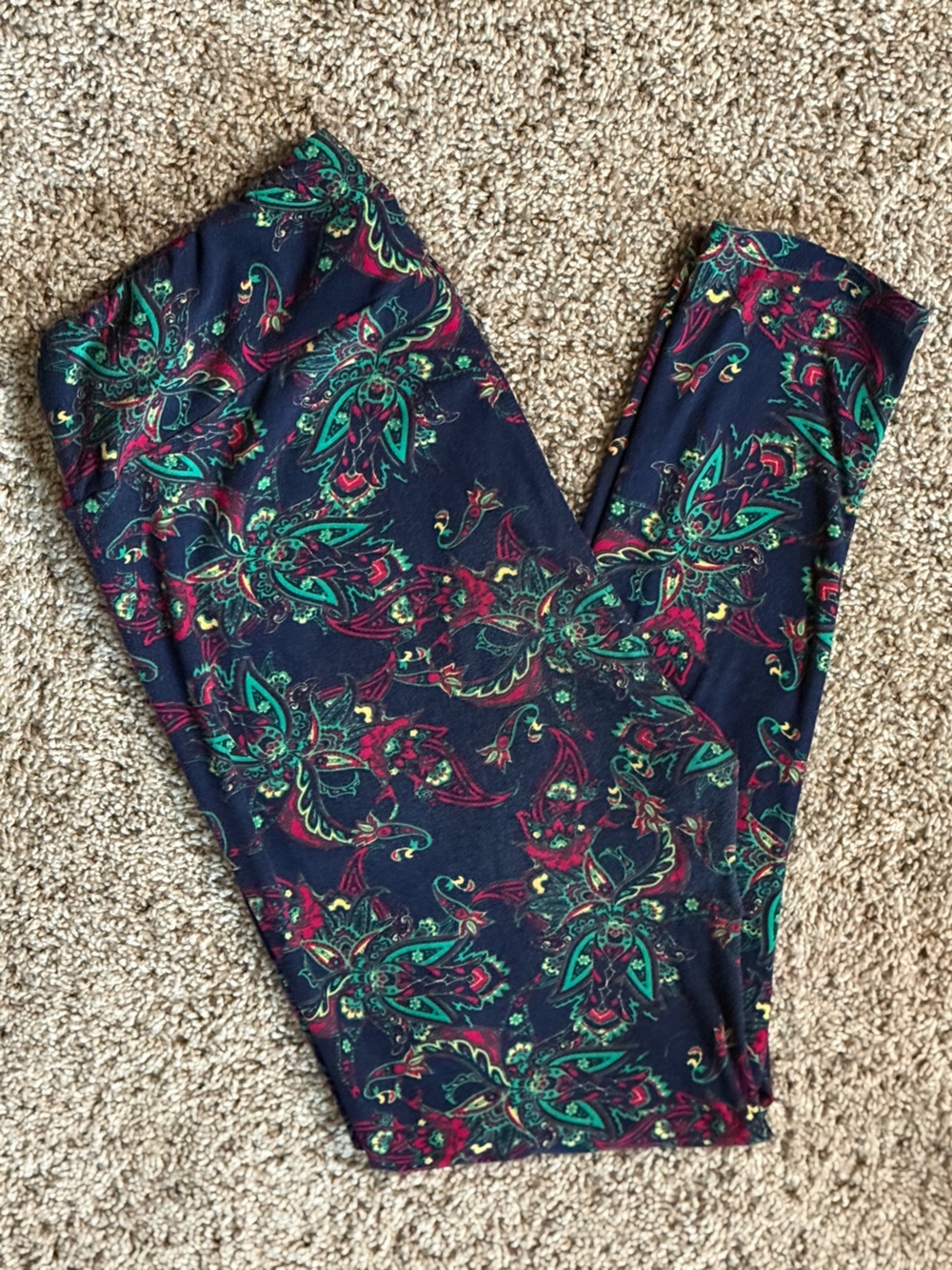 LuLaRoe Navy Paisley Floral Leggings with Red and Green Accents